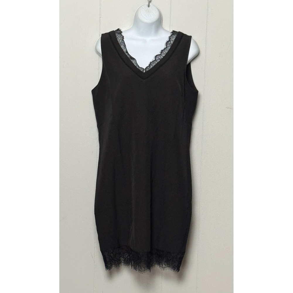 Reneec. Black Sleeveless V-Neck Lace Trim Mini Shift Dress Size Medium